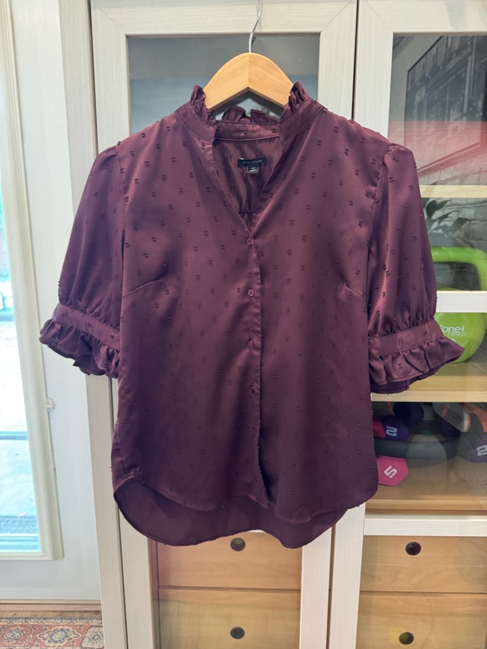 Ann Taylor Plum Ruffled Short-Sleeve Blouse